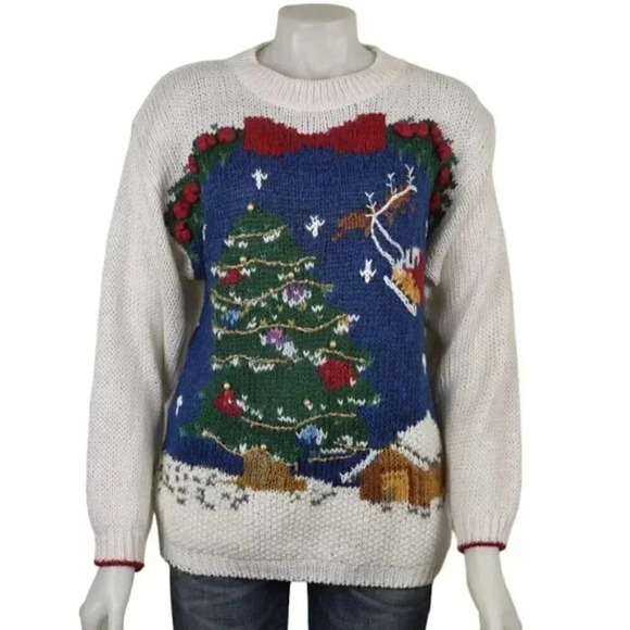 Vintage  Ugly Christmas Sweater Christmas Tree Winter Scene Knit White Medium - Picture 1 of 12